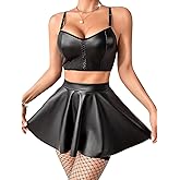 Kaei&Shi Rave Outfit For Women Festival,Goth Faux Leather Skirt Set,Sexy Two Piece Outfits Club Night Halloween