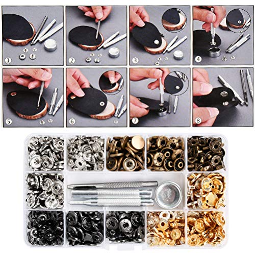 BUYGOO 120 Sets Leather Snap Fasteners Kit, Metal Button Snaps Press Studs with 4 Installation Tools, 4 Color Leather Snaps for Clothes, Jackets, Jeans Wears, Bracelets, Bags