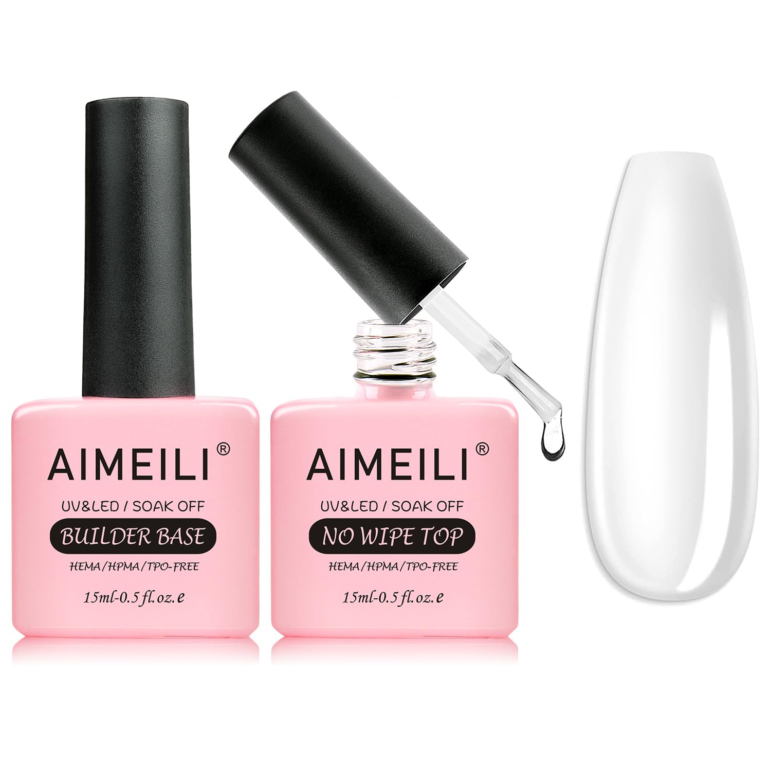 AIMEILI Top and Base Builder Gel Soak Off UV LED Gel Nail Polish 5 in 1 Builder Base Gel No Wipe Top Coat Set 2 x 15ml