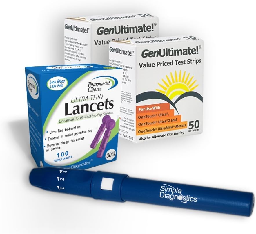 Raindrop USA - GenUltimate! Starter Kit: 100 Test Strips w/ 100 Pharmacist Choice Lancets and Compatible Lancing Device - for use with OneTouch Ultra, Ultra 2, UltraMini Meters