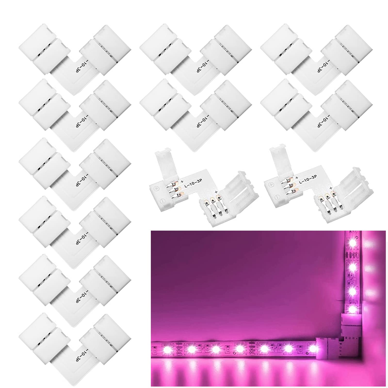 Pack of 12 3 Pin LED Connector Solderless 90° Angle Corner Connector L Shape LED Lights Extension for WS2811 WS2812B 10mm LED light strip (3pin 10mm L)