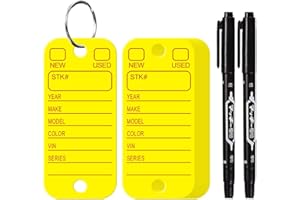 KIUKIUO 200 Pcs PVC Tags with Labels and Rings, Car Key Tags for Organization, Identifiers, and Luggage Tags with 2 Pcs Markers, Plastic Keychain Tags for Car, Truck, and Dealer Use (Yellow)