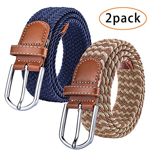 2 Pack Womens Canvas Elastic Fabric Woven Stretch Multicolored Braided Belts