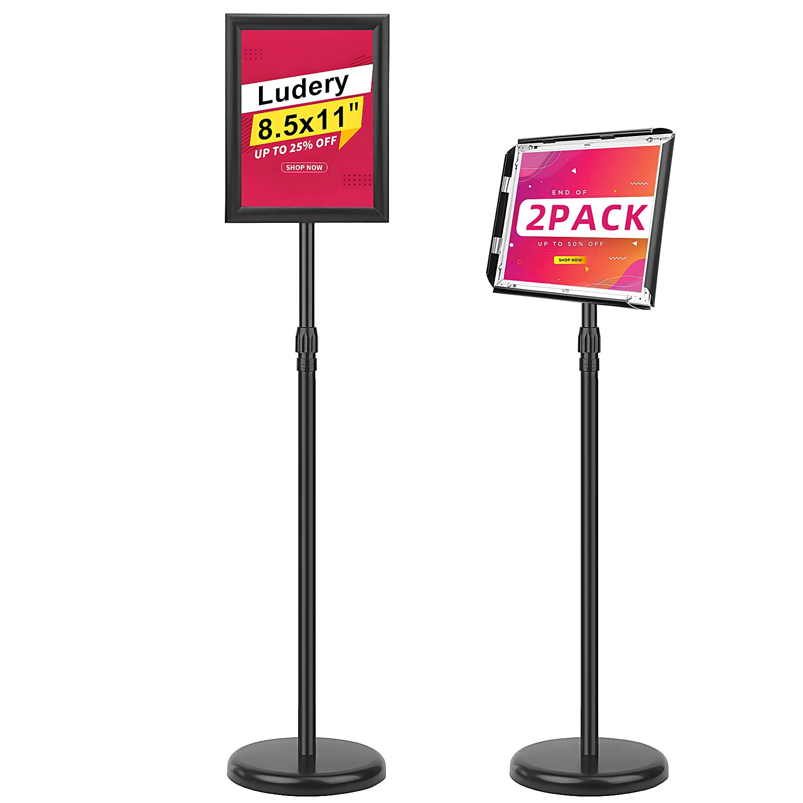 Photo 1 of Ludery Adjustable Sign Holder Stand 8.5x11 inch,Pedestal Floor Signage Standing Holder with Heavy Duty Base, Aluminum Snap Open Frame Display for Business Restaurant, Mall,Schools-2 Pack