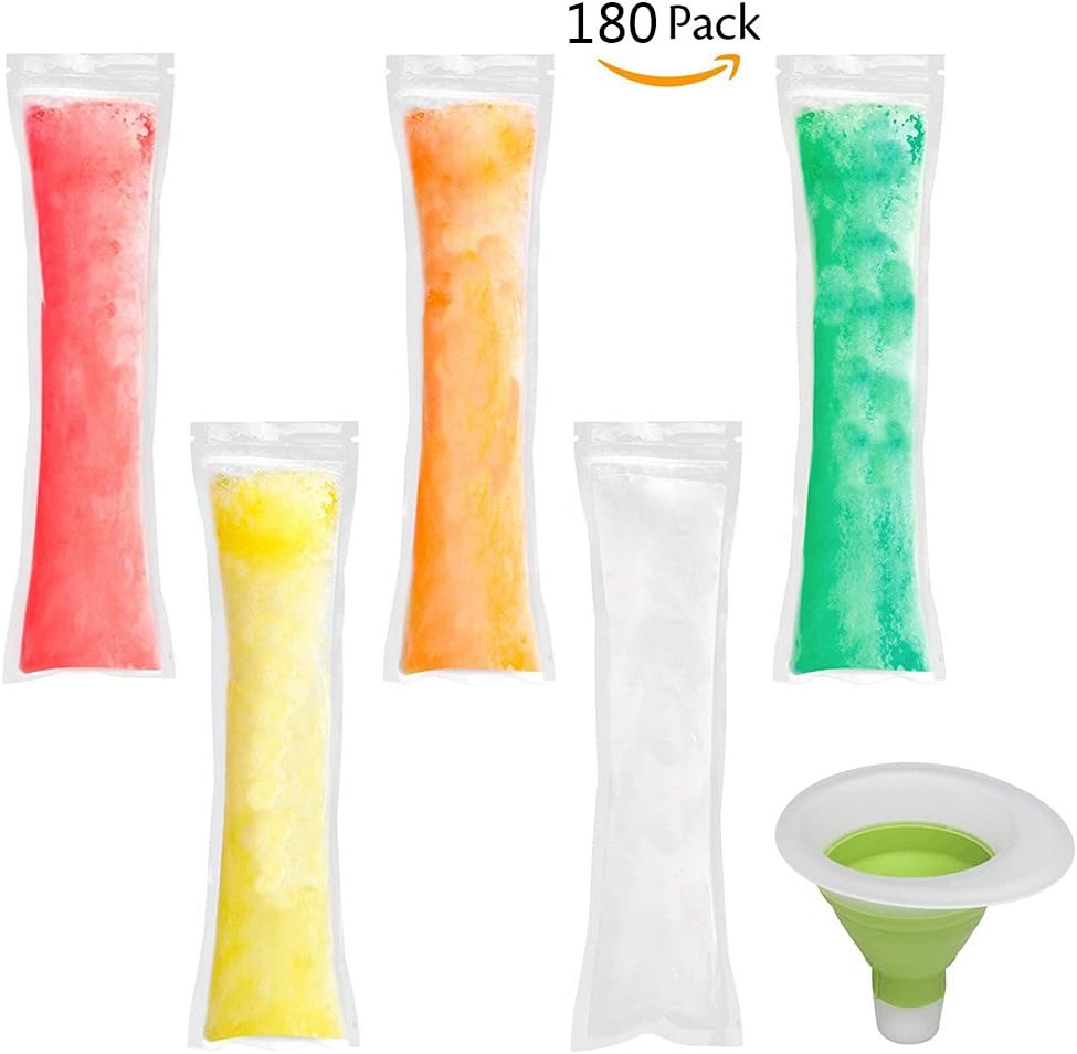 OMYlife 180 Disposable Ice Popsicle Mold Bags DIY Zip-Top BPA Free Freezer Tubes With Zip Seals | For Healthy Snacks, Yogurt Sticks, Juice & Fruit Smoothies, Comes With Funnel (2x11 Inch)