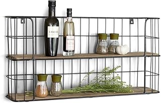 LIFA LIVING Vintage Wandregal aus Holz und Metall Schwarz mit 2 Böden-Holzregal-Natur Stil, Gewürzboard Regal 2 Etagen-Küchenregal oder Gewürzständer, 68 x 35 x 16 cm