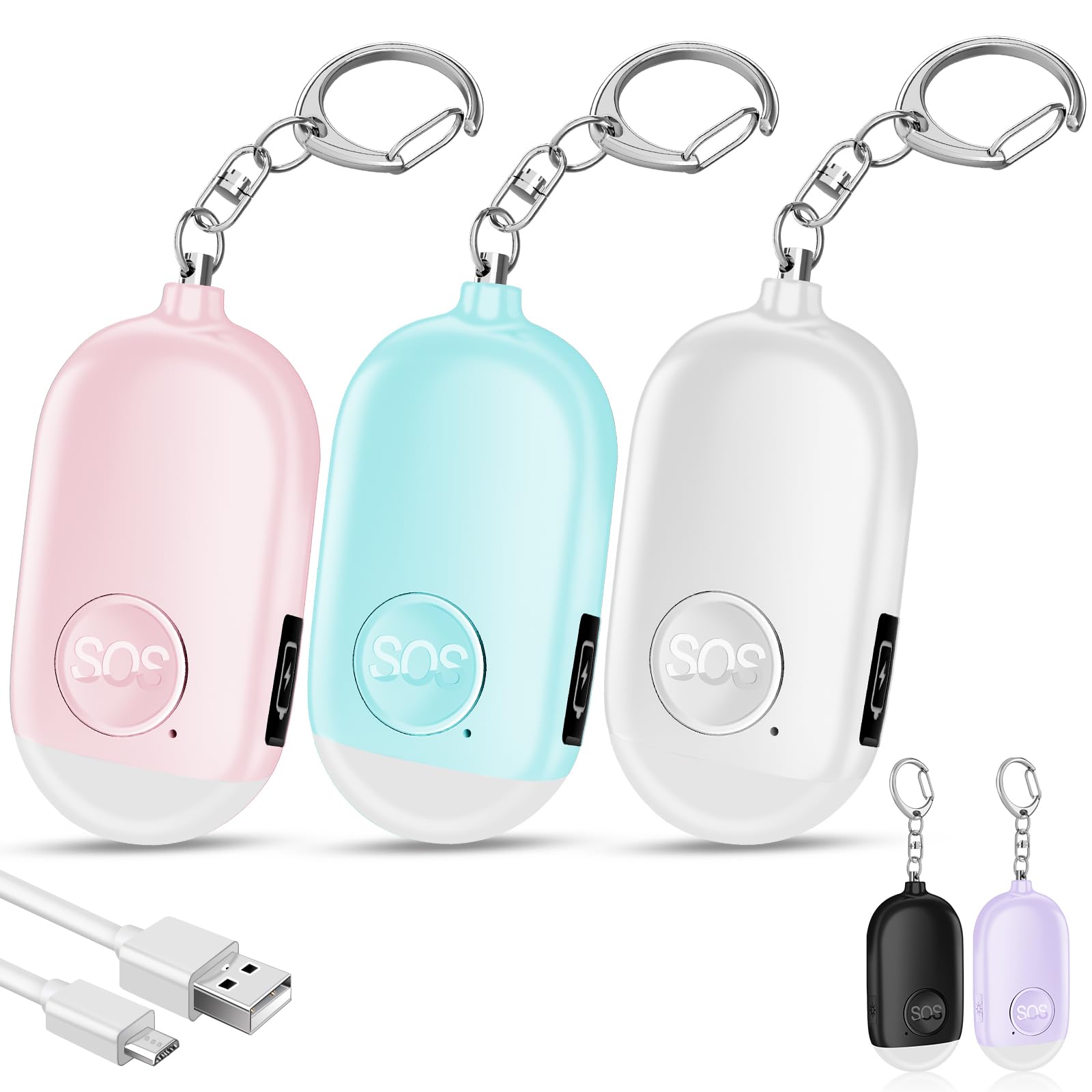 Hion Safe Personal Alarm for Women,3 Pack Rechargeable 130dB Police Approved Rape Alarm with LED Flashlight Self Defense Keychain,Panic Attack Safety for Girl Kid Elderly(White+Pink+Blue)