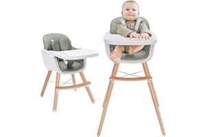 MALLIFY 3-in-1 Convertible Wooden High Chair,Baby High Chair with Adjustable Legs & Dishwasher Safe Tray, Made of Sleek Hardwood & Premium Leatherette, Green Color