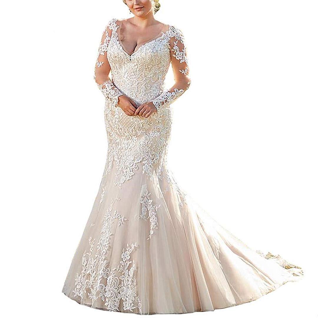 Iluckin Plus Size Women V Veck Long Sleeves Lace Mermaid Wedding Dress for Bride with Train Applique Gown