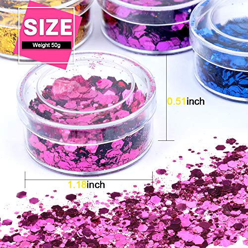60g Chunky Glitter, HNYYZL 12 Boxes 5g Holographic Iridescent Chunky Glitter Body Glitter for Face, Arm, Hair, Nail Cosmetic, or for Festival,Party Decoration(Gold, Blue, Purple, Pink, Green, Silver)