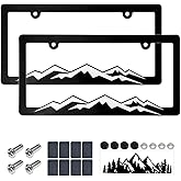 RCKJNJ Mountain License Plate Frames- White on Black 3D Mountain Raised, ABS Plastic Car Tag Holder | Includes Rust-Proof Screws, Caps & Free Vinyl Decal Sticker