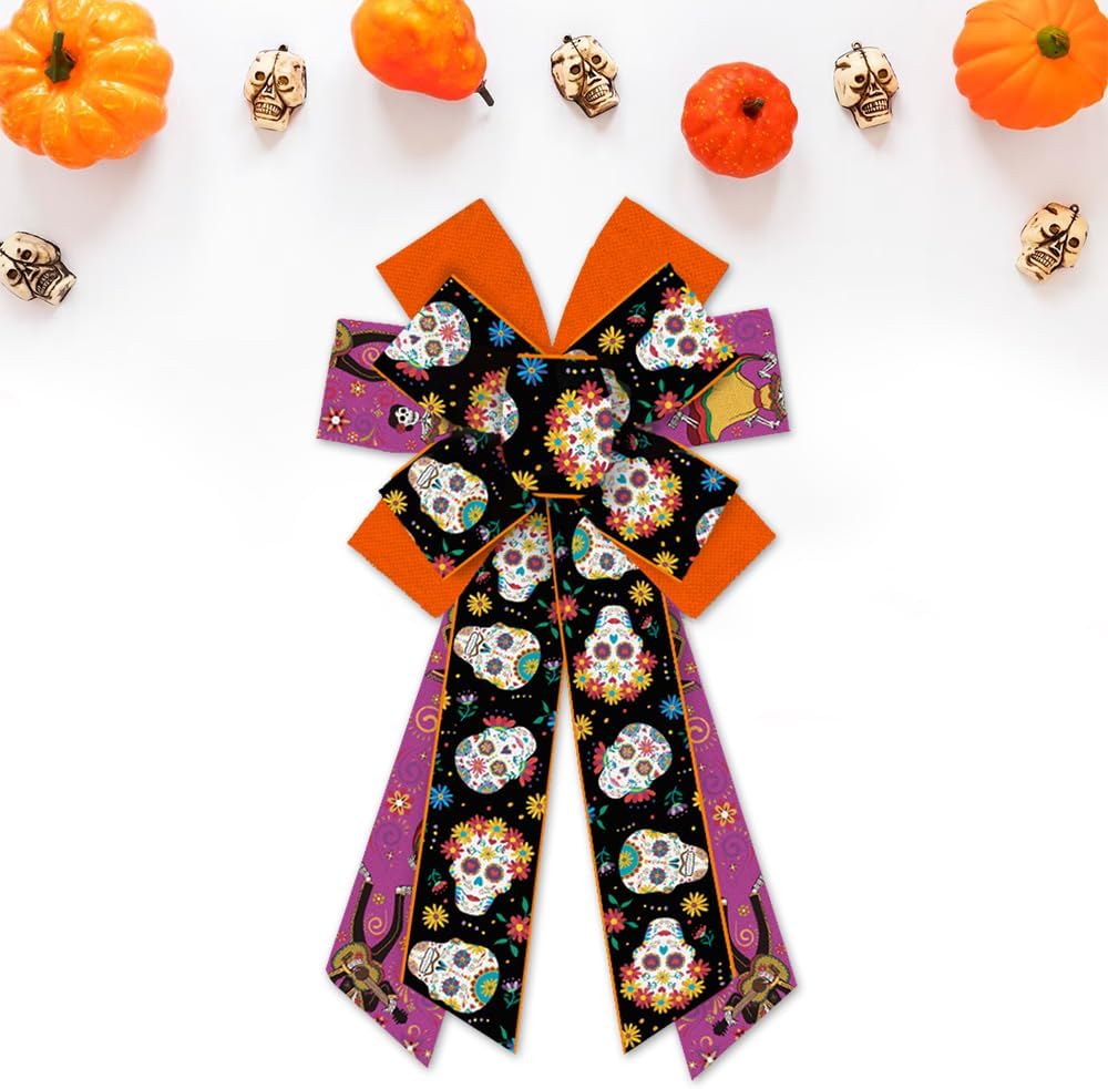Bows & Ribbons - Hying Large Days of The Dead Bows for Wreath, Mexican Skeleton Wreath Bow Orange Black Purple Burlap Bows Dia De Los Muertos Mexico Craft Bows for Front Door Halloween Day of The Dead Decor Supplies