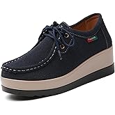 AEGNONGL Women Suede Platform Wedge Rocker Loafers with Arch Support Comfortable Round Toe Wedge Non-Slip Casual Lace Up Dress Moccasin Shoes for Business Work Office Leisure Daily