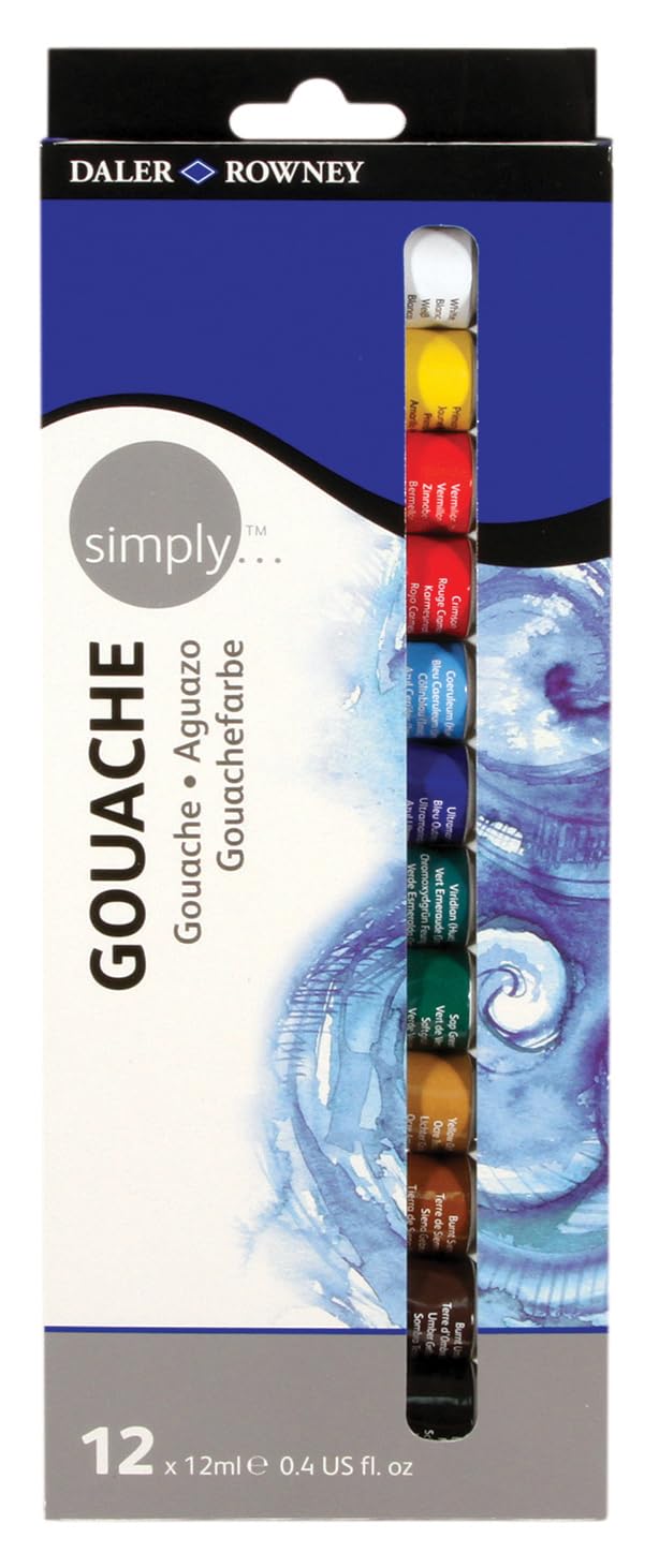 Daler-Rowney Simply 12ml Gouache Paint Set, 12 Assorted Colours, Opaque Watercolour, Ideal for Entry-Level Artists & Hobbyists