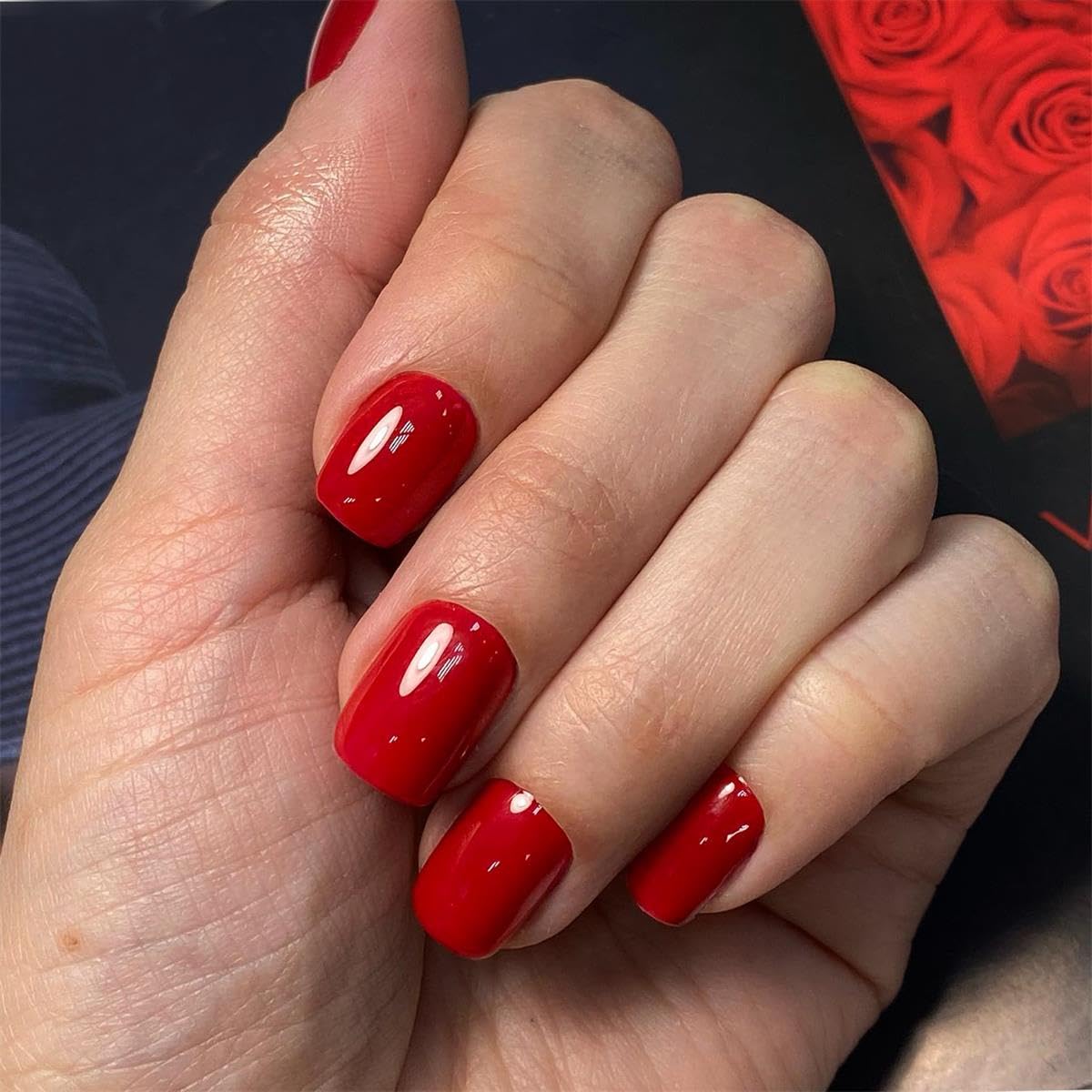 Red Press on Nails Short Square, Natural Short Gel