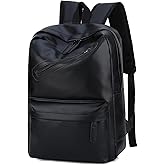 JINGTIANCD Mens Leather 16.1 inch Laptop Bag Travel Casual Computer Backpack College Business Work Shoulder Bags Waterproof (Black)
