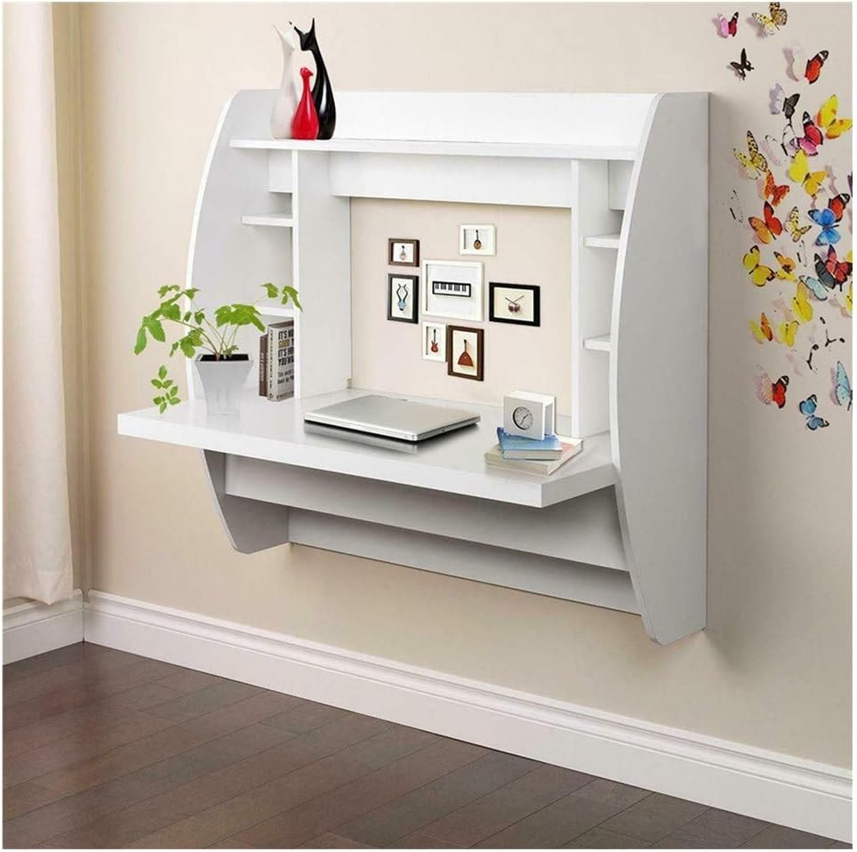 Wall-Mounted Floating Table with Storage Shelves,Foldable Dining Table Desk,Home Computer Table Floating Table Space-Saving Hanging PC-Table Laptop for Study,Bedroom,Balcony (US Shipping) (White)