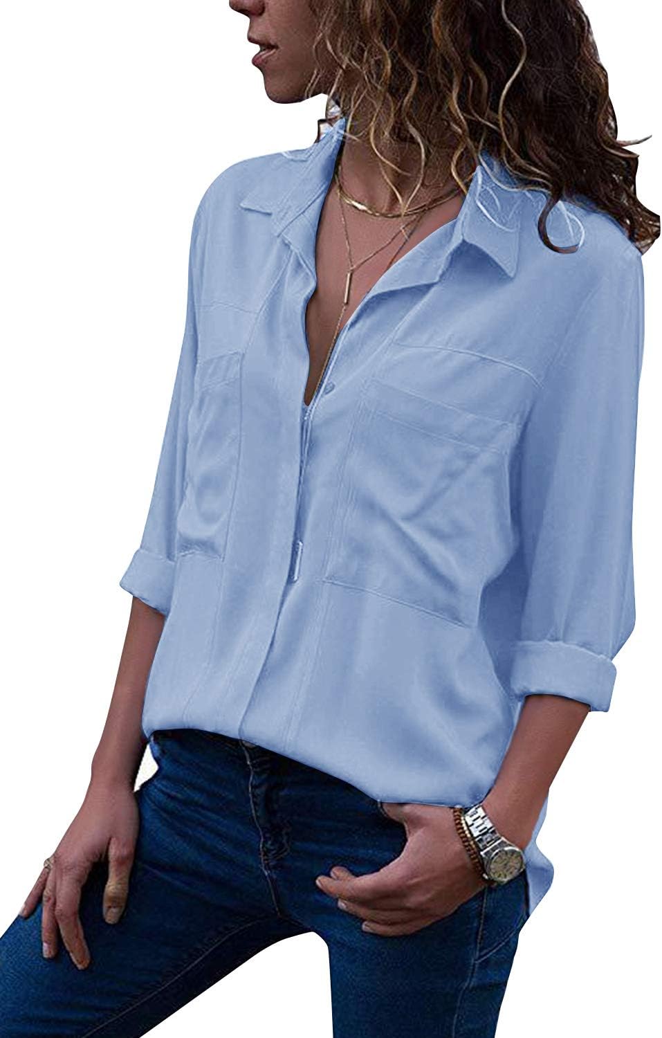 Yidarton Women's Long Sleeve V Neck Chiffon Blouses Tops Button Down Business Shirts