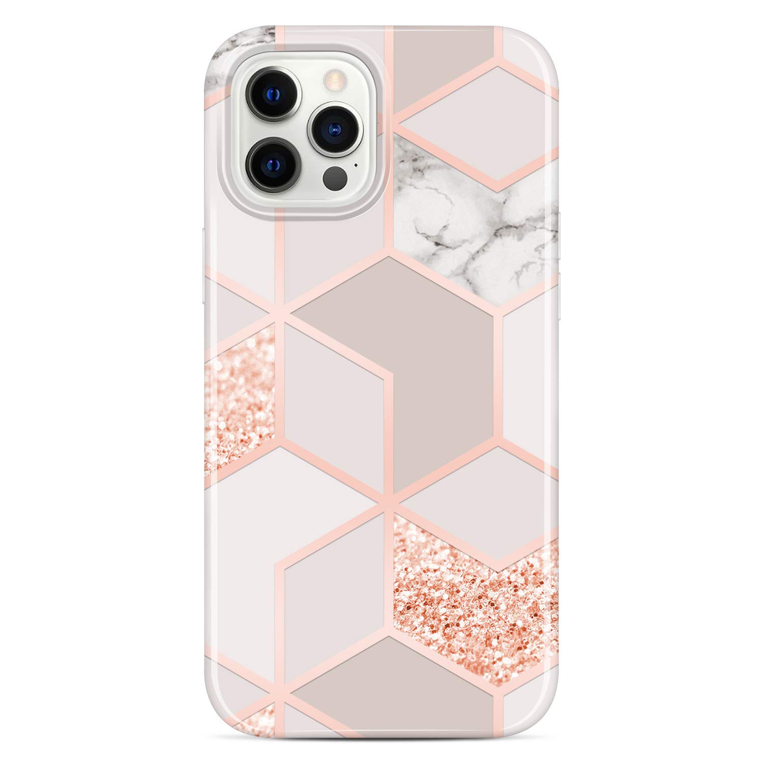 JAHOLAN Case Compatible with iPhone 12 and iPhone 12 Pro Bling Glitter Sparkle Marble Design Clear Bumper TPU Soft Rubber Silicone Cover Phone Case 6.1 inch 2020 Rose Gold