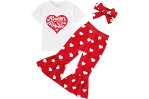 Ninobebe Toddler Girl Valentines Day Outfit Love Heart T-Shirt Bell Bottom Pants Headband 3Pcs Summer Clothes Set 1-6T