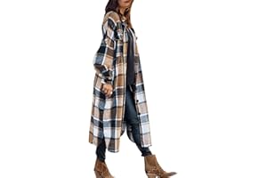 SKIKYAN Women Fall Flannel Plaid Shacket Jacket Oversized Button Down Long Shirt Jacket
