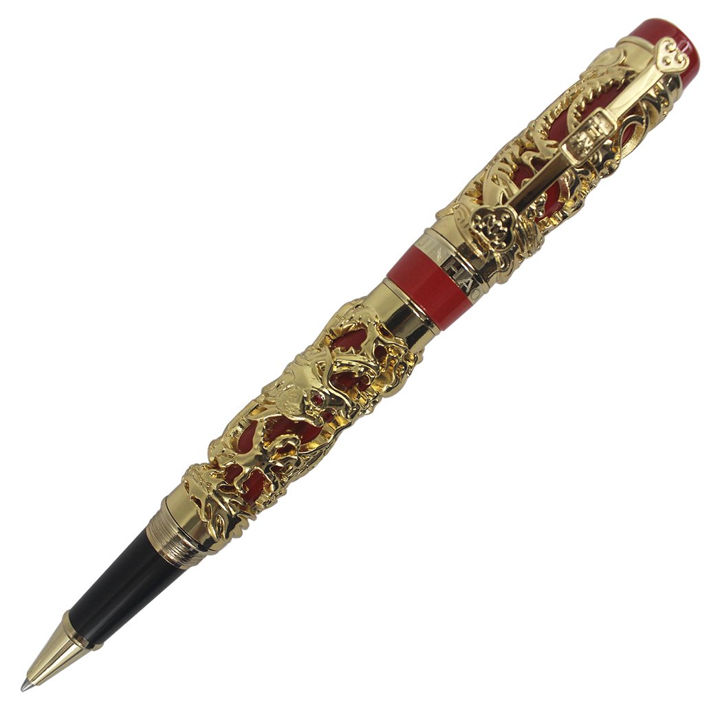 Abcsea Collectible Luxury Carved Dragon and Phoenix Rollerball Pen - Gold & Red