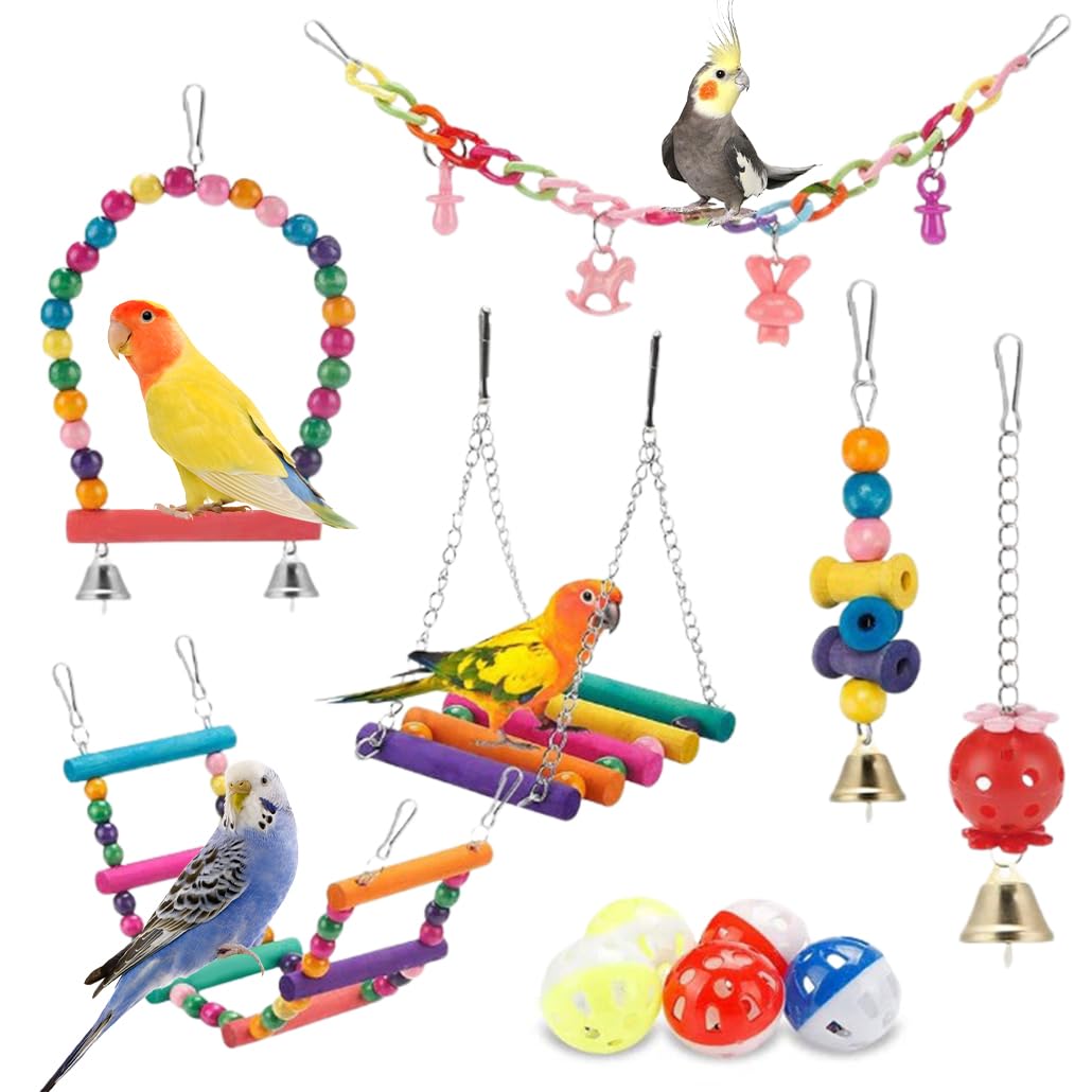KyeeaDIY Bird Parakeet Toys 11Pcs Parakeet Cockatiel Bird Toys Swing Hanging Standing Chewing Toy Bird Climbing Ladder Colorful Toys Suitable for Budgerigar Conures Love Birds Finches Mynah (11PCS)