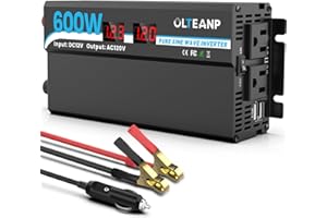 OLTEANP 600W Power Inverter Pure Sine Wave Inverter 12V DC to 120V AC Converter for Car, Truck, Home, Vehicles, Laptop, Car Inverter 12V to 110V with 2 AC Outlets, 2 USB Ports, LCD Display