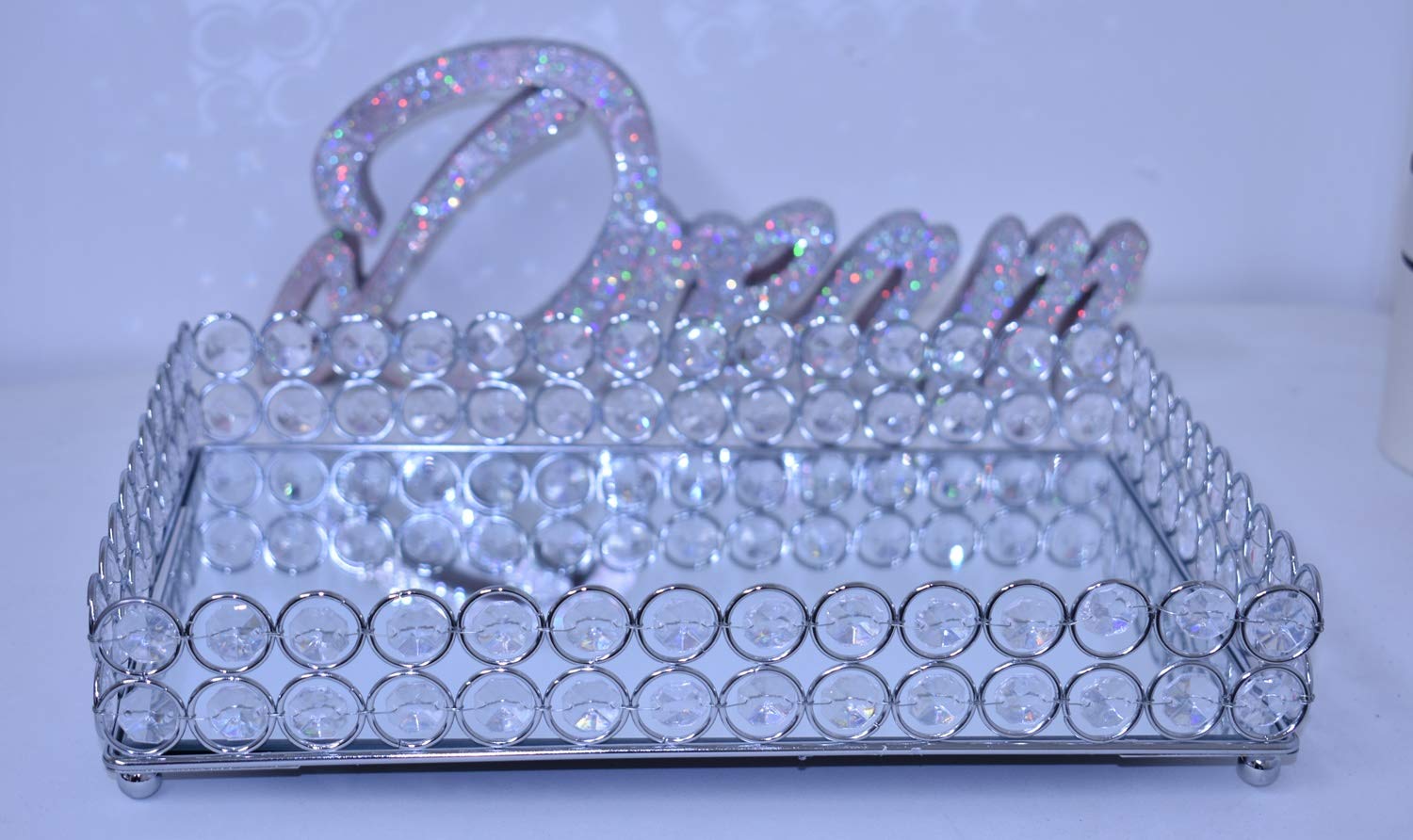 Deenz 30X22Cm Mirrored Cosmetic Rectangle Double Beaded Tray (Round Crystal) Silver Organiser Mirrored Glass Metal Decorative Platters Bathroom Tray Holder For Perfume Shower Gel Cosmetics Makeup