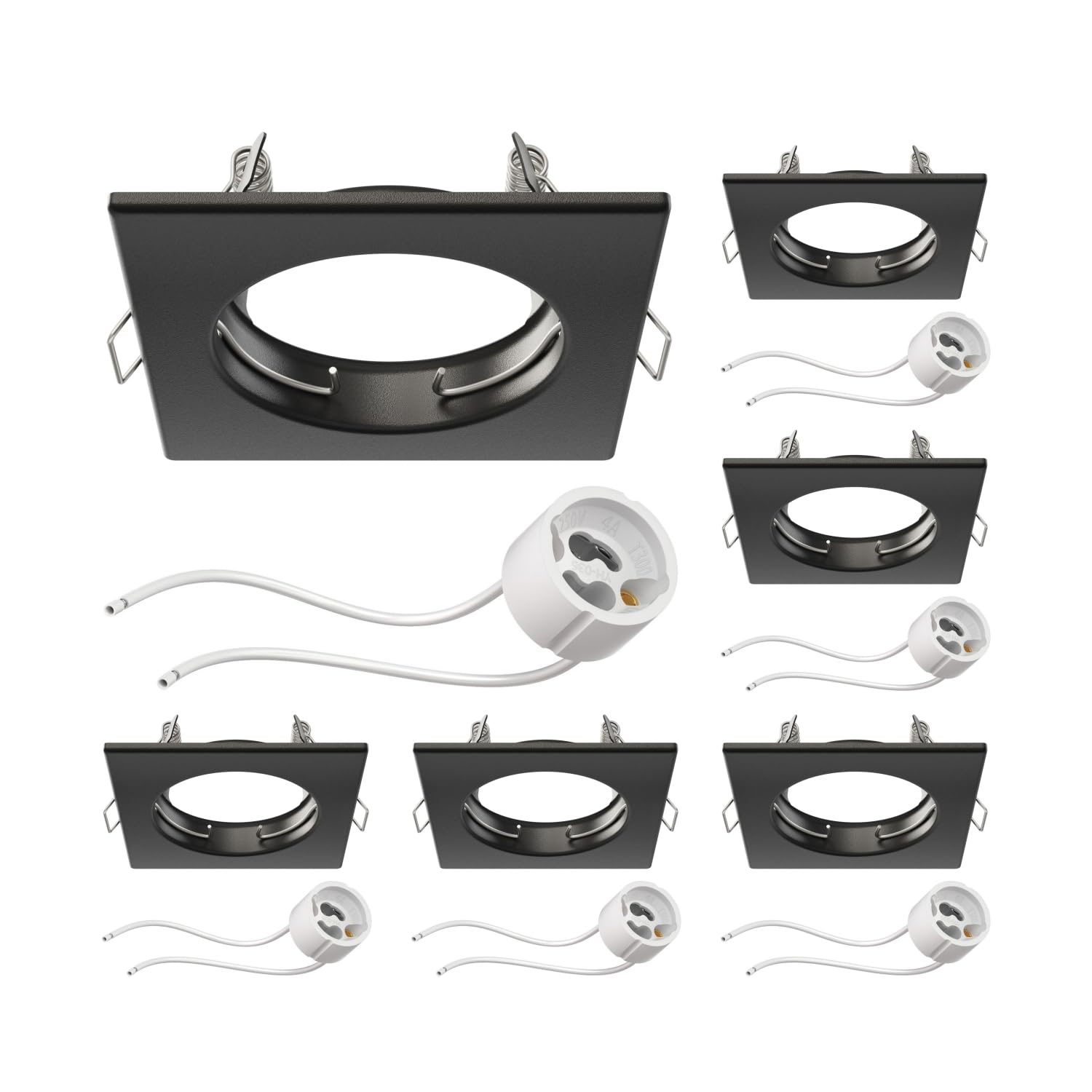 ledscom.de 6 pcs. recessed Ceiling Frame RIR recessed Frame Black matt Angular (LED/Halogen/GU10/MR16/PAR16/50mm) incl. GU10 Socket