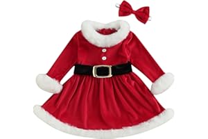XuKoccYiee Toddler Baby Girls Christmas Velvet Dress with Headband Long Sleeve Fur Trim Santa Baby Dress Cosplay Costume