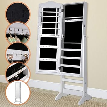 Schmuckschrank mit Spiegel I 139,5 x 40,9 x 36,5 cm, mit abschließbarer Spiegeltür, Haken für Ketten,Ohring I Spiegelschrank,