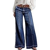 Flamingals Wide Leg Jeans for Women Mid Waist Baggy Stitch Decor Denim Washed Pants Without Belt
