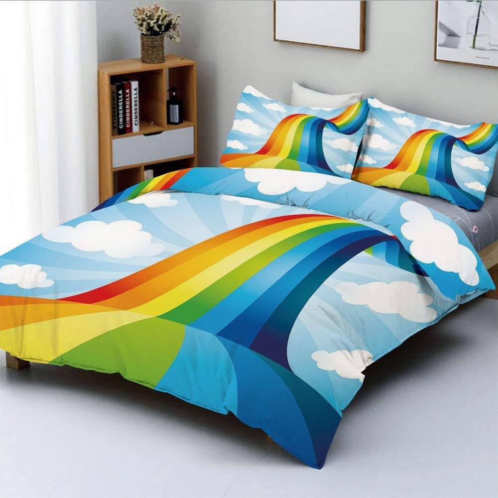 Duplex Print Duvet Cover Set King Size,Rainbow Road Clouds Abstract Cartoonish Expression Natural Events Ribbon DecorativeDecorative 3 Piece Bedding Set with 2 Pillow Sham,Sky Blue Multicolor,Best Gif