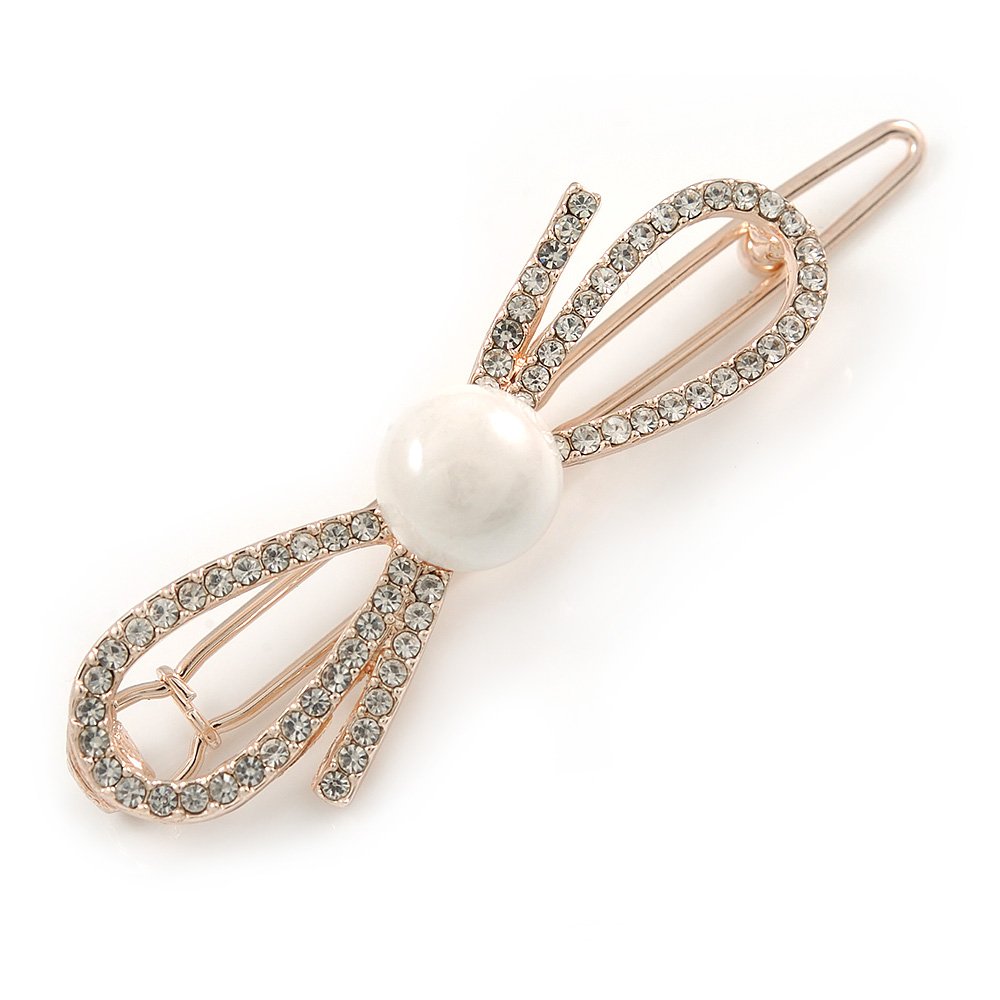 Avalaya Small Rose Gold Tone Clear Crystal White Glass Bead Open Bow Hair Slide/Grip - 50mm Across