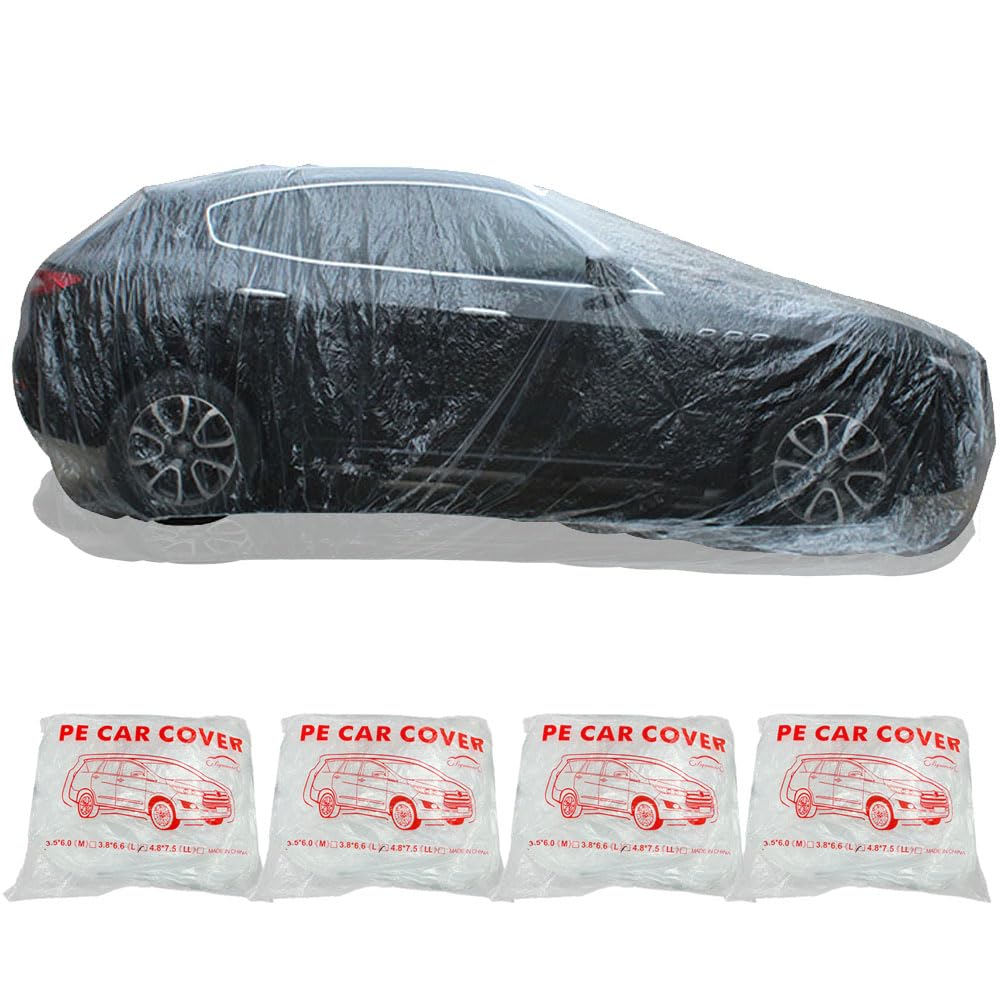 Photo 1 of 4 Packs Disposable Car Cover Clear Plastic Car Cover Universal Rain Dust Garage Cover with Elastic Band Medium (12 ft x 22 ft)