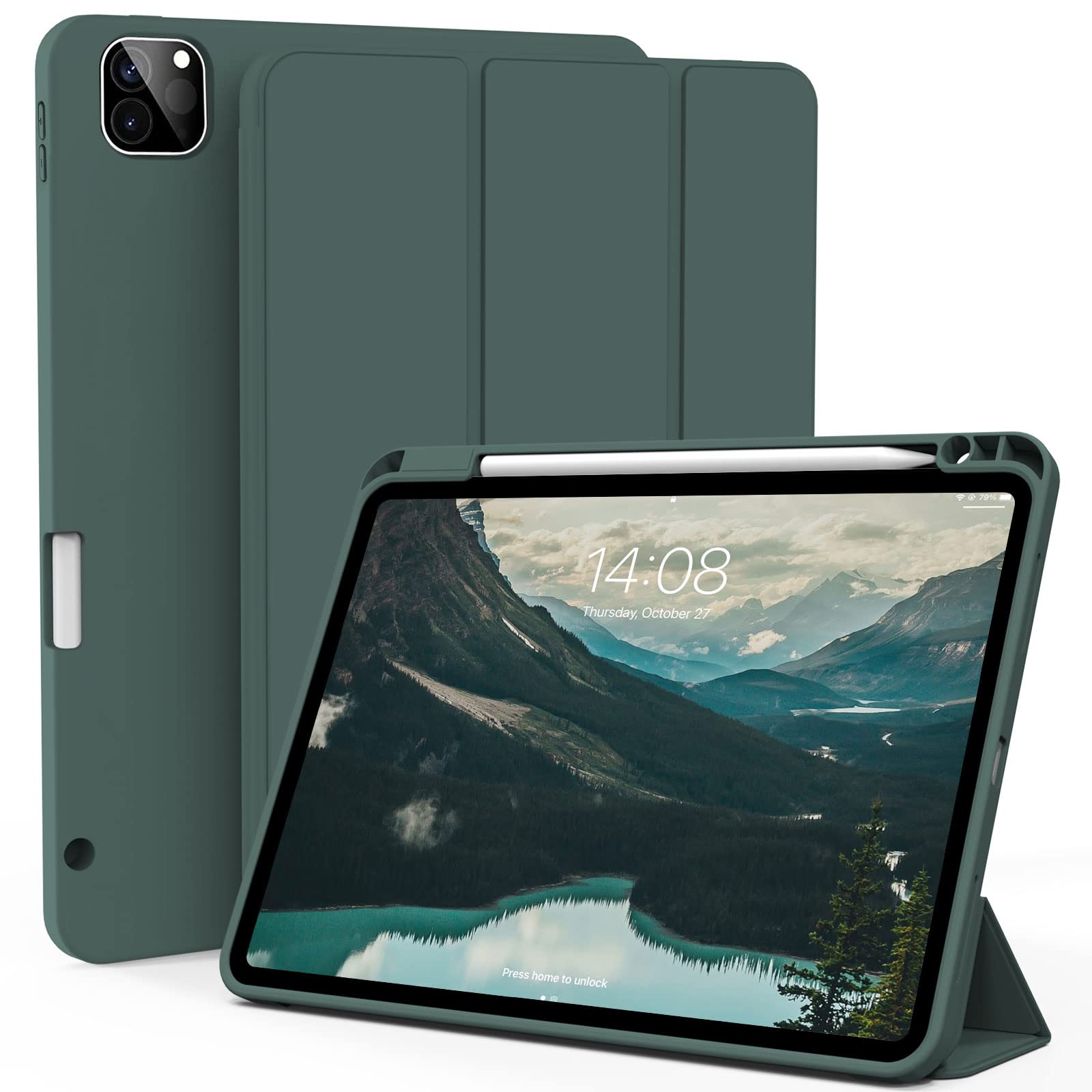 ZOYU Case for iPad Air 13 Inch M3/M2 (2025/2024), Pro 12.9 Inch 6th/5th Generation (2022/2021) with Pencil Holder, Trifold Smart Cover Soft TPU Back, Supprot Touch ID, Auto Sleep/Wake, Dark Green