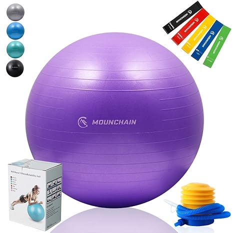 Mounchain Exercise Ball Yoga Ball with 5 Pcs Resistance Loop Exercise Bands Stability and Anti- Burst Exercise Equipment (Purple)
