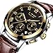 LIGE Men Leather Strap Watches Men's Chronograph Waterproof Sport Date Quartz Wrist watch Black gold