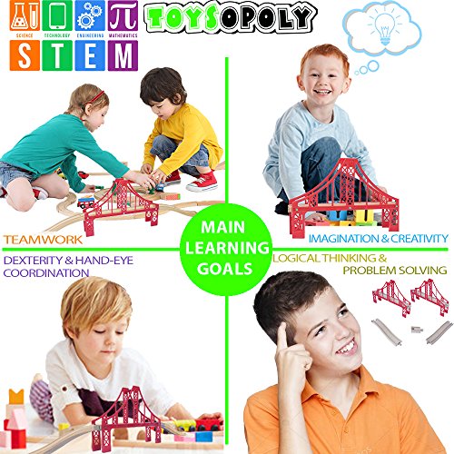 FLASH SALE | Double Suspension Bridge - Deluxe Wooden Toy Accessories For Kids Toddler Boys Girls - Compatible with Thomas Trains Railway, Brio Tracks, and Major Brands. 2x Red Bridges