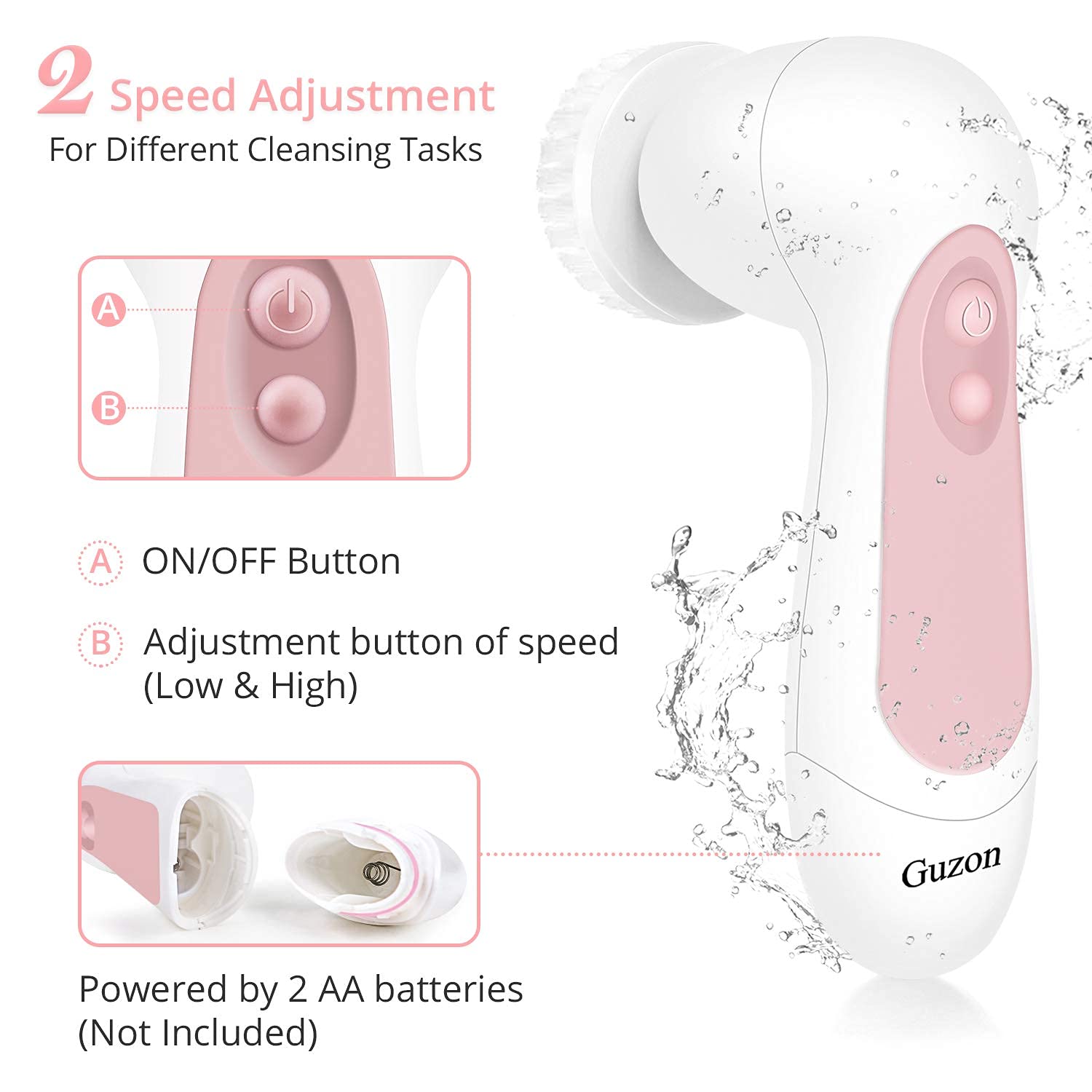 Facial Cleansing Brush Electric Waterproof - Guzon Face Brush for Shower, Deep Cleansing and Gentle Exfoliating, Skin Spin Brush for Face, Facial Cleanser Brush with 5 Brush Heads, Battery Operated: Beauty