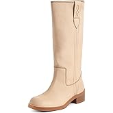 KISSASA White Knee High Boots Women Roud Toe Chunky Low Heel Moto Boots Vintage Pull On Tall Long Riding Boots Campus Shoes White Size 8