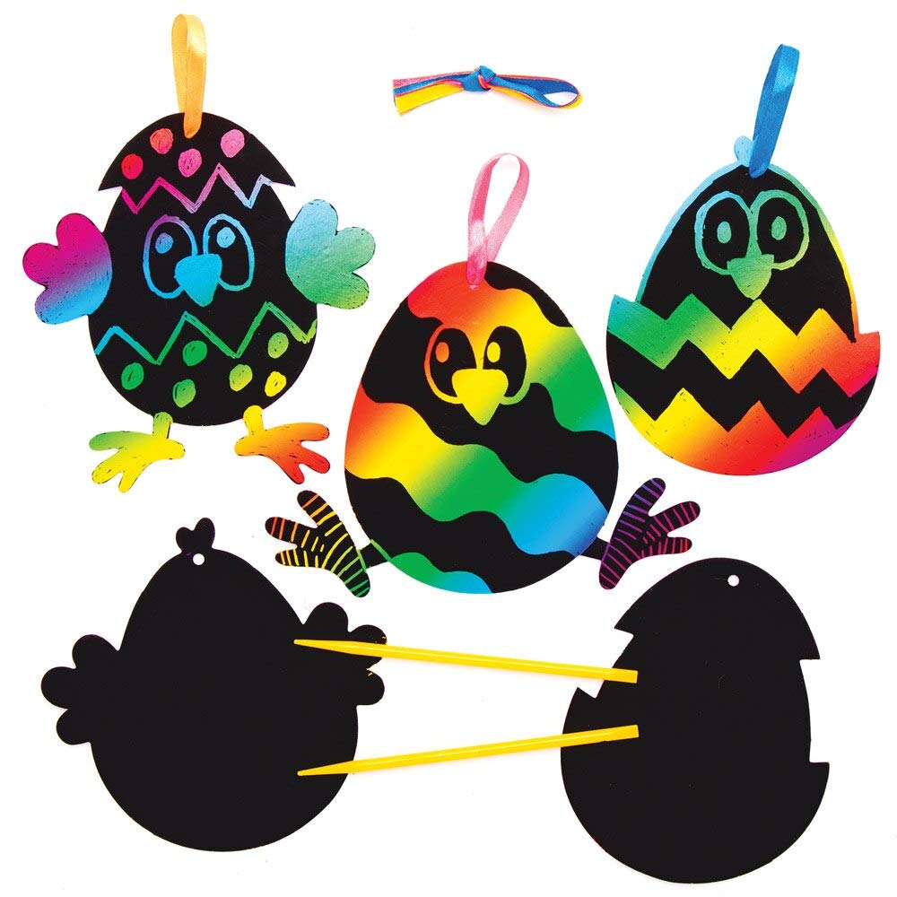 Baker Ross Easter Chick Scratch Art Decorations - Pack of 10, Scratch Art for Kids (AT419)