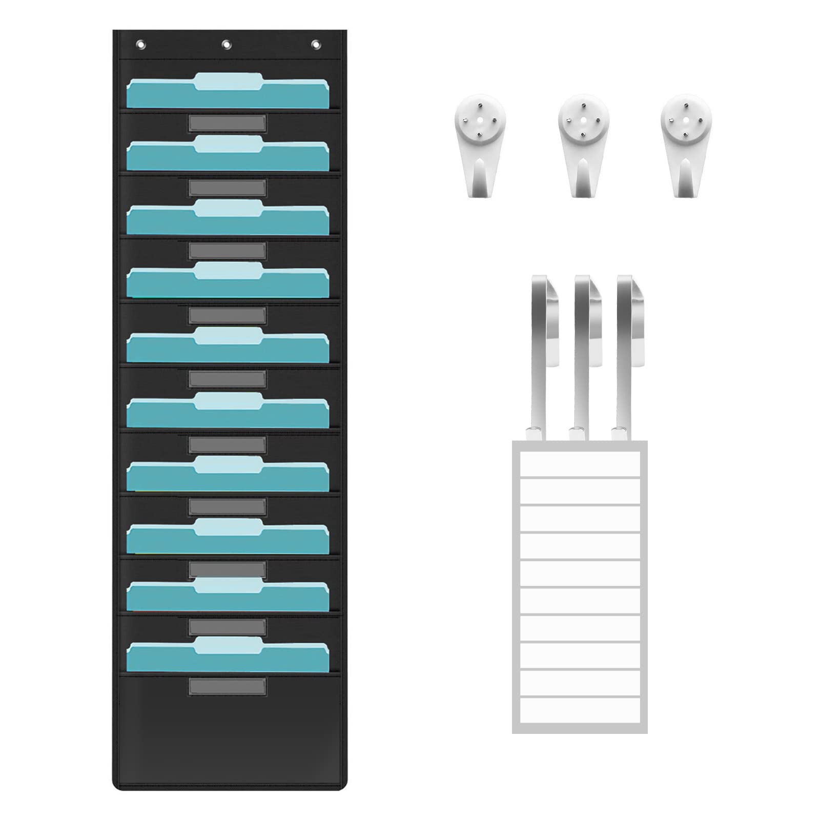 KIKIGOAL 10 Pockets Hanging Wall File Organizer, Heavy Duty Storage Pocket Chart with 10 Name Tag Pocket for File Folder and Paper, Over The Door Hooks, Labels (10 Pockets)