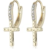 HZMAN 14K Gold Plated Cross Earrings for Women Men, CZ Cross Hoop Earrings Hypoallergenic Jewelry Gift