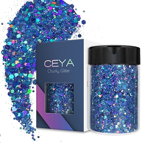 Ceya Holographic Chunky Glitter, 4.9oz/ 140g Blue Craft Glitter Powder Mixed Chunky & Fine Flakes Iridescent Nail Sequins for Nail Art, Hair, Epoxy Resin, Tumblers, Slime, Painting, Festival Decor — image 1
