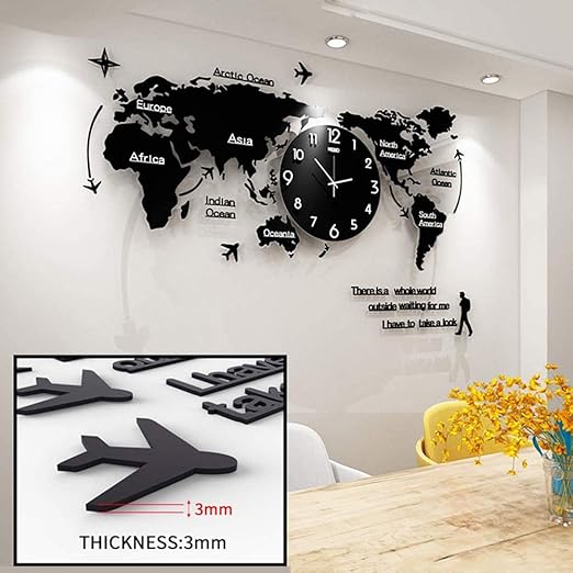 Amazon 世界地図壁時計3d Diyアクリル家の装飾チャートリビングルーム研究現代の雰囲気の家の壁のミュート時計黒の創造的な時計 置き時計 掛け時計 オンライン通販