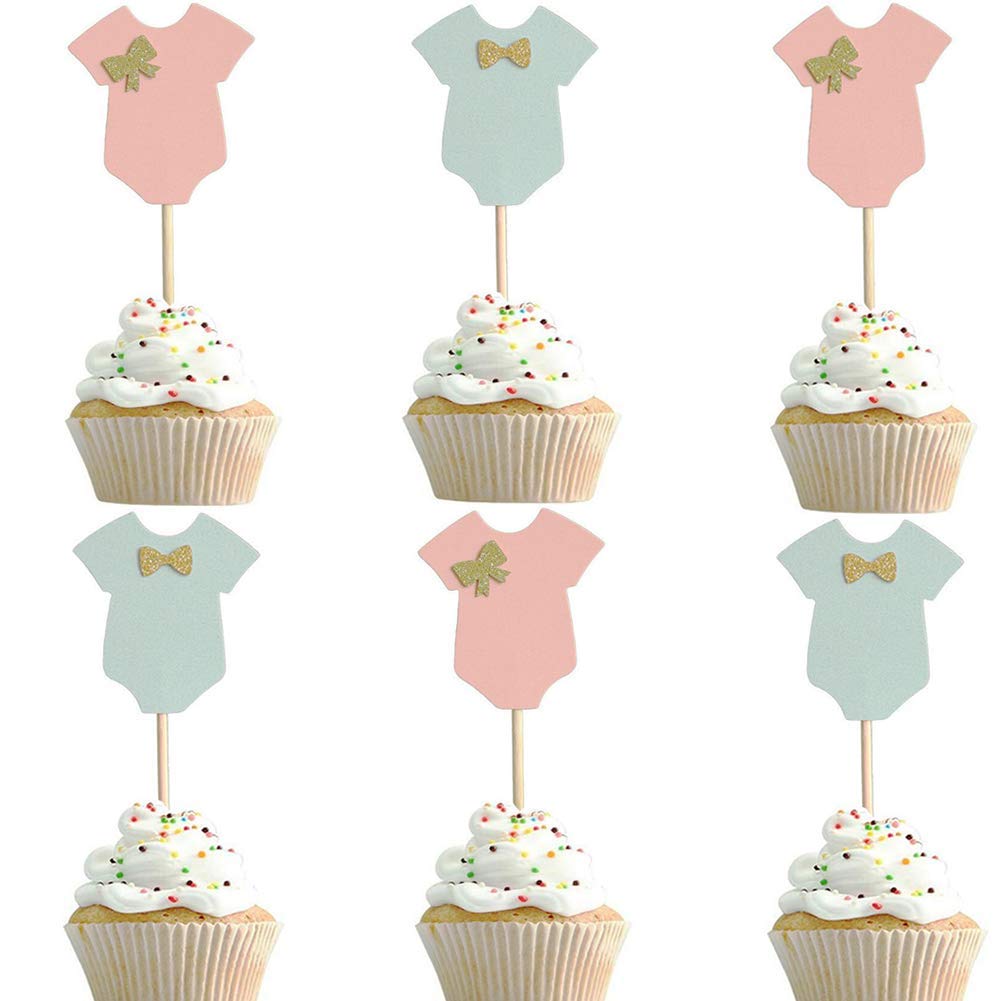 Dusenly 24 x Golden Glitter Bowknot Gender Reveal Cupcake Toppers Boy or Girl Baby Shower Party Mark Cake Topper Decoration Supplies (Ready to use)