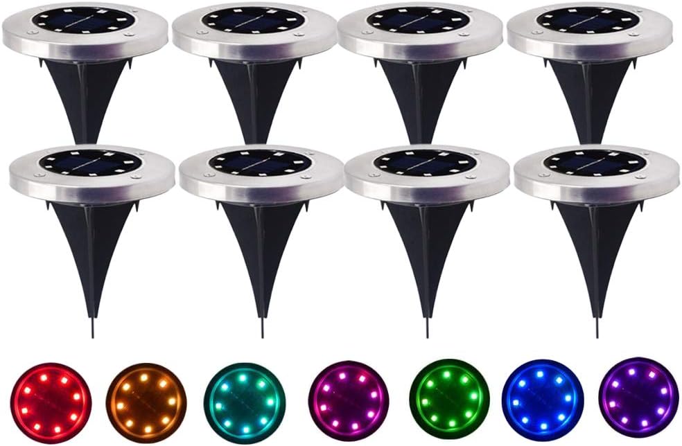 Solar Ground Lights, AVEKI 7 Color Changing 8 LED Outdoor Solar Lights Solar Garden Pathway Decking Landscape Lights for Lawn Pathway Yard Driveway Patio (8P-Color)