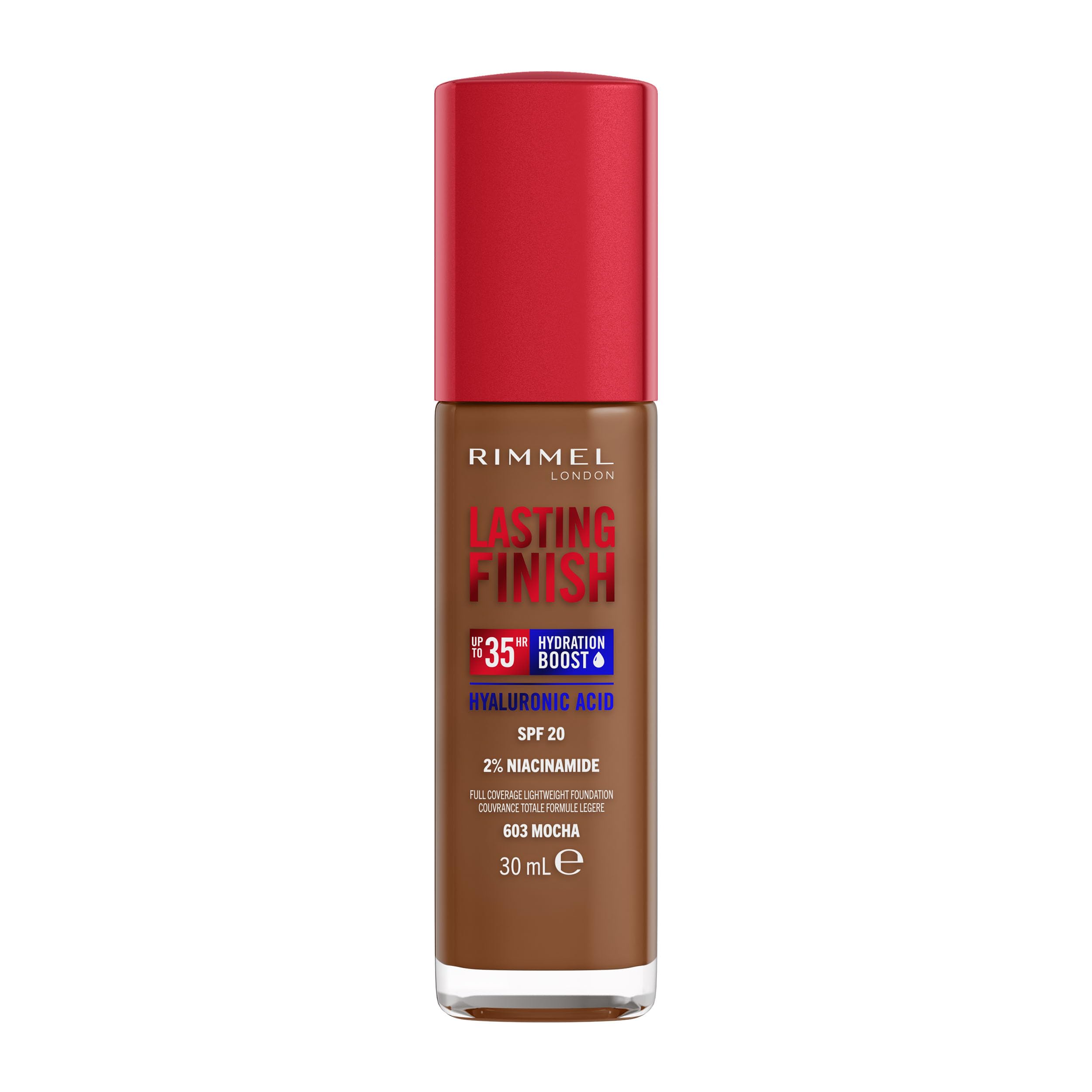 Rimmel Lasting Finish 35Hr Foundation 603 Mocha, Full Coverage, Hydrating, SPF20, Hyaluronic Acid, Vitamin E, 2% Niacinamide, All Day Wear, Vegan, Cruelty Free